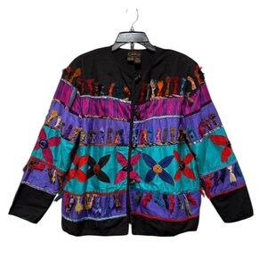 VTG‎ Allure Boho Silk Art Deco 90's Multicolor Toggle Buttons Jacket Large L